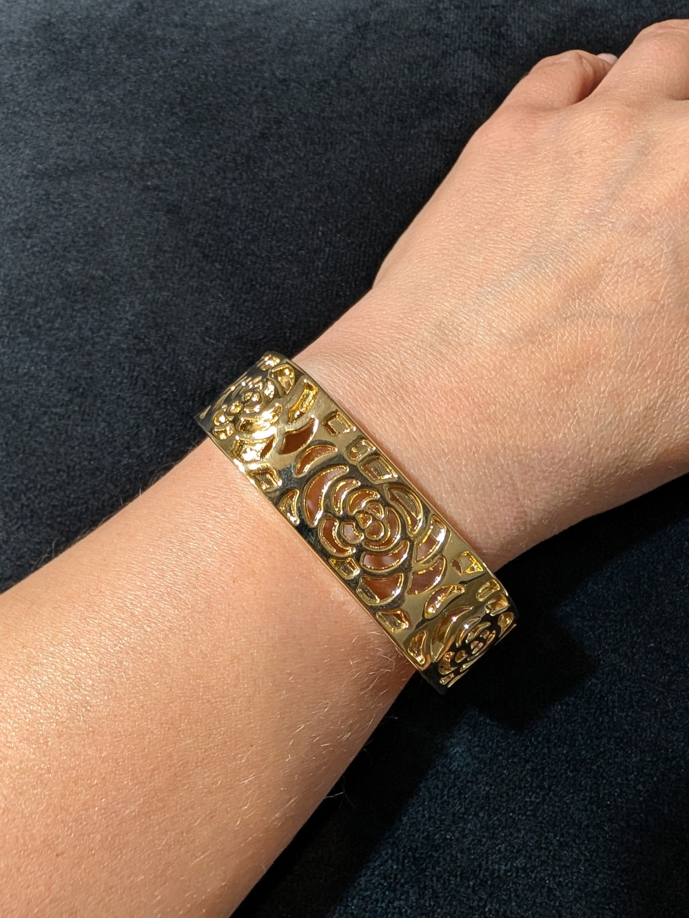 Gold Tone Floral Cutout Cuff Bangle Bracelet
